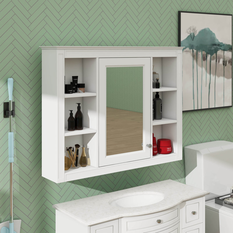 Armoire à pharmacie de 35 po x 27,5 po, armoire de salle de bain murale avec porte miroir, armoire de salle de bain murale avec six tablettes ouvertes, unité de rangement murale