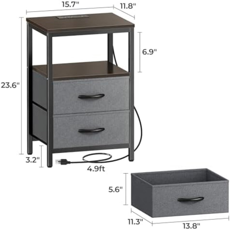 Nightstand With Charging Station, Fabric Drawers, End Table With Open Shelf, Bedside Table With USB Ports And Outlets, Night Stand For Bedroom, Walnut