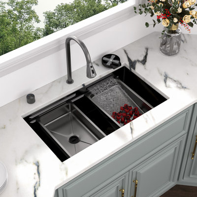Évier de cuisine encastrable 33 po x l 19 po avec robinet cascade, robinet de cascade, robinet à cascade, passoire, planche à découper, crépine et support à enroulement