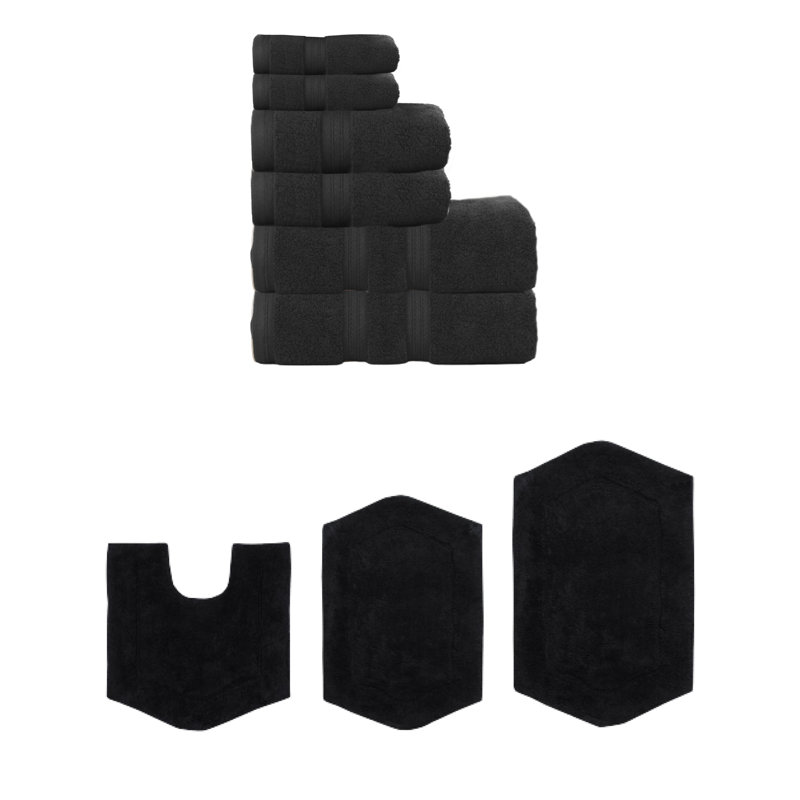 Bryd Collection 100% Soft Cotton 6 Pc Towel Set & 3 Pc Bath Rug Set, (Set of 9), Black