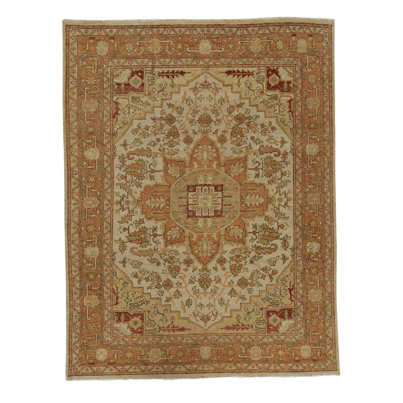 Tapis beige et rouille de haute qualité noué à la main
