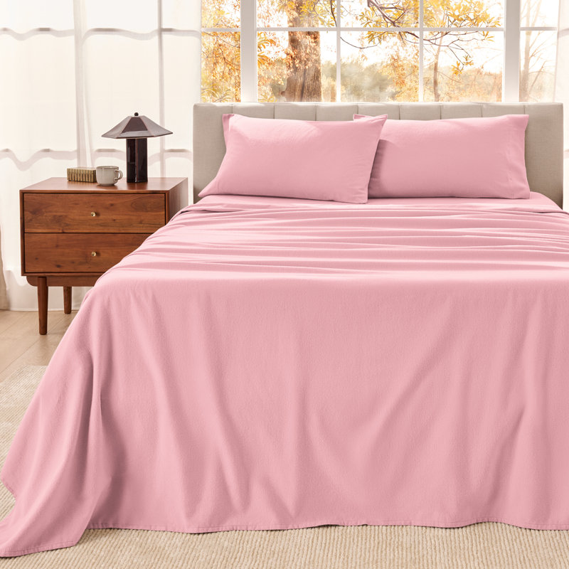 Organic 100% Cotton Flannel Sheet Set, California King Sheet Set with 2 Pillowcases, Light Pink