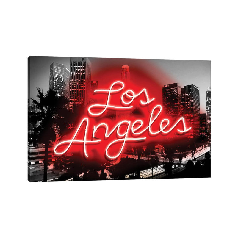 Neon Los Angeles Red On Black by Hailey Carr - Wrapped Canvas Print, 20.32cm H x 30.48cm W x 1.9cm D
