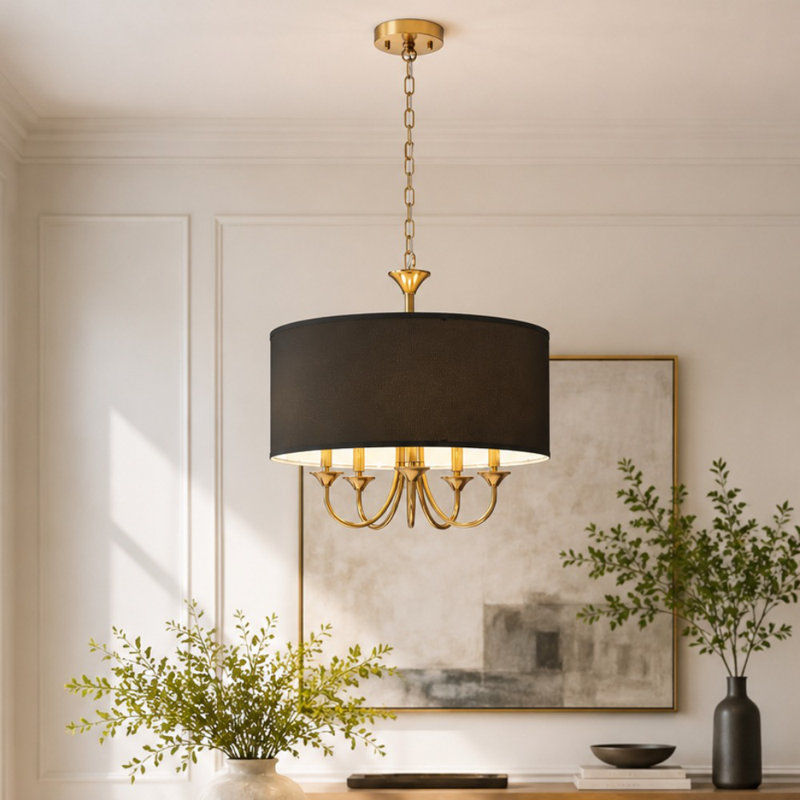 Luminaire suspendu tambour 5 lumières, Or/noir