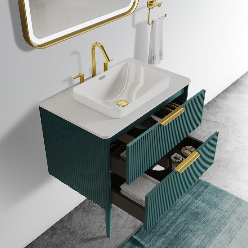 Meuble-lavabo moderne de 30 po aigue-marine, lavabo en céramique, autoportant ou avec rangement, construction d'une qualité exceptionnelle, rayures aigue-marine - Esthétique, double panneau pour une durabilité à long terme