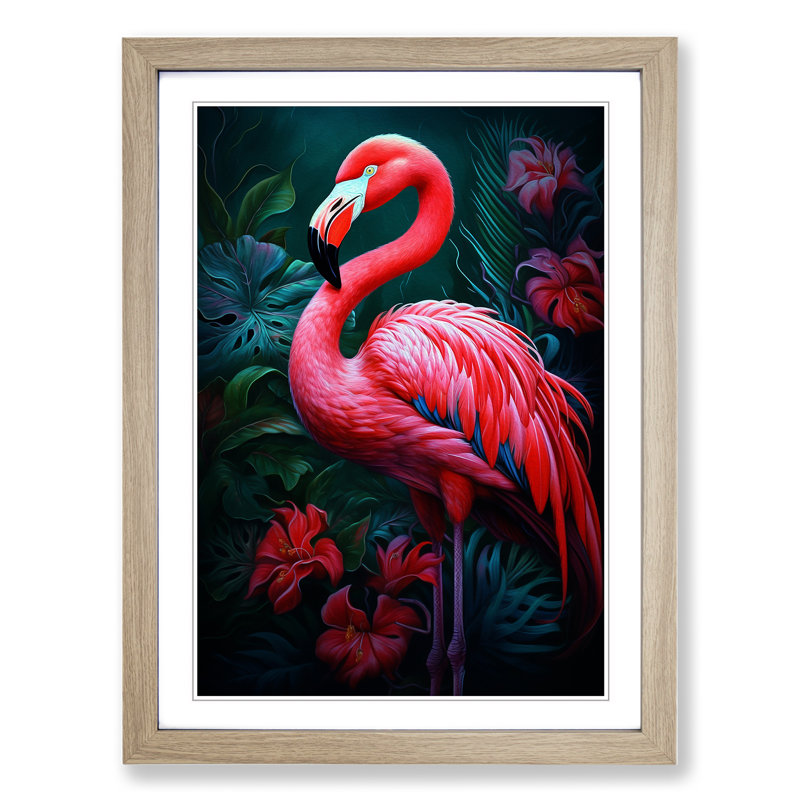 Flamingo Tachisme - Single Picture Frame Print on Wood, Oak Framed, 34cm H x 25cm W