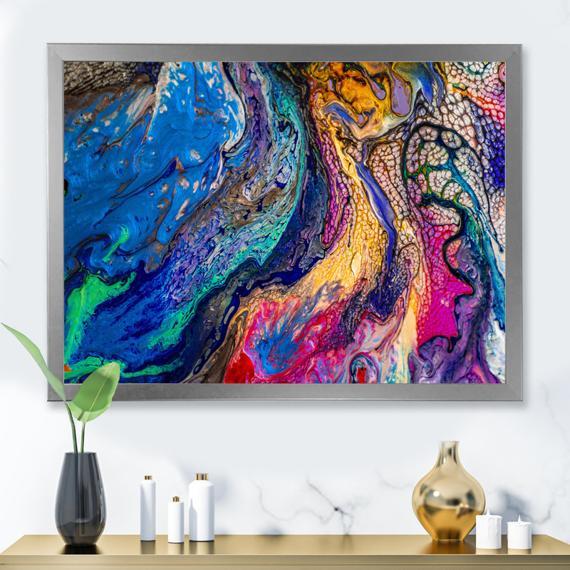 Rouge rouge bleu et jaune marbre - peinture sur toile, Cadre de coin argenté fermé, H 30 po x l 40 po