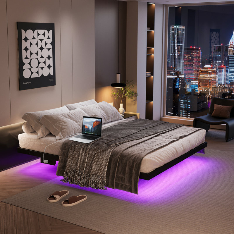 Full Size Black Metal Floating Bed Frame with LED Lights