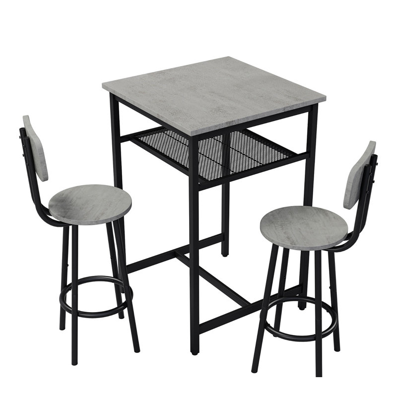 Table de bar, équipée de 2 tabourets de bar, avec dossier et cloison, Gris, Noir, Gris