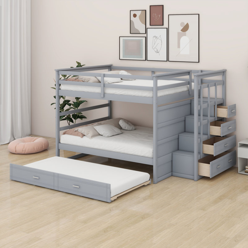Bunk Bed With Trundle Bed And Staircase, Gray