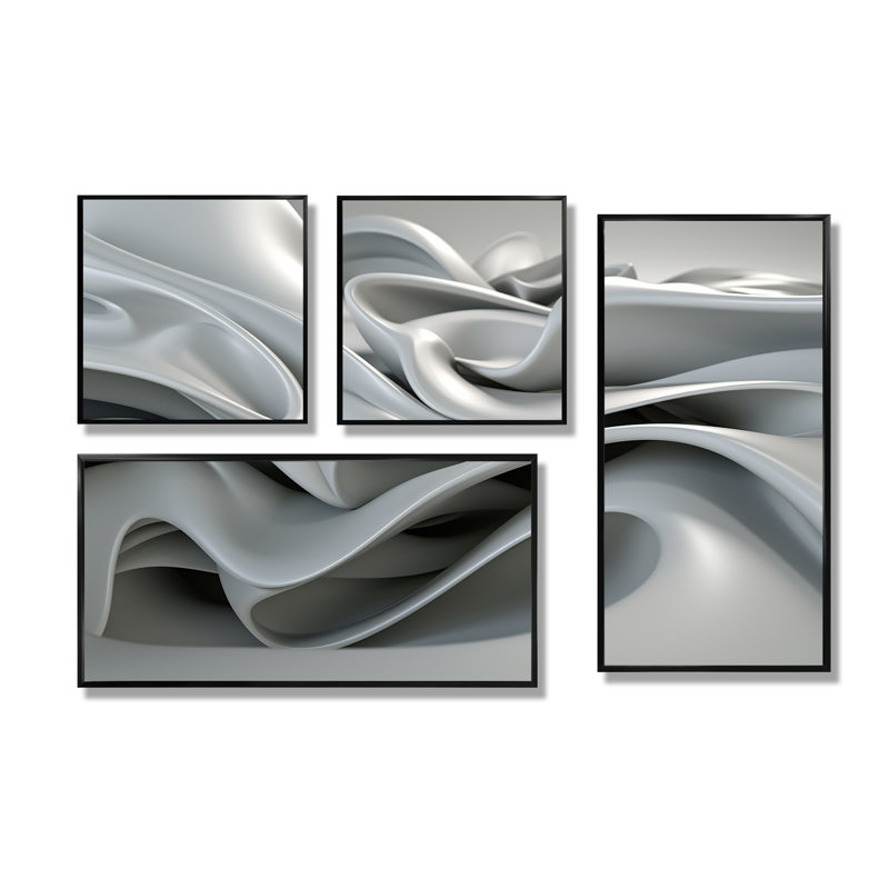 Gris infini ondulations - art mural moderne 4 pièces, Impression encadrée sans passe-partout, Noir