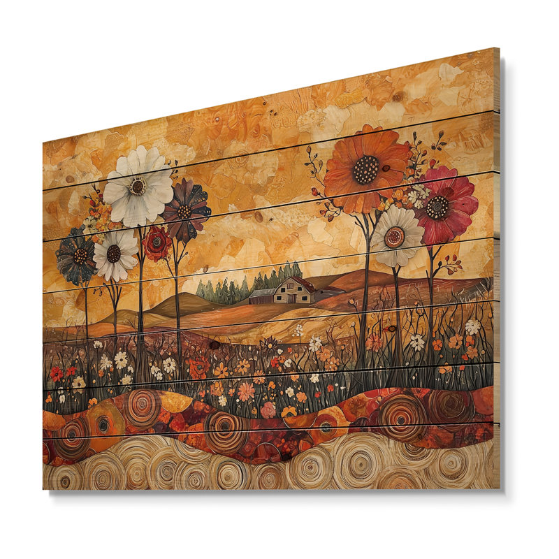 Assortiment de bouquets de fleurs, paysage de grange I - campagne, art mural en bois - sur bois de pin naturel