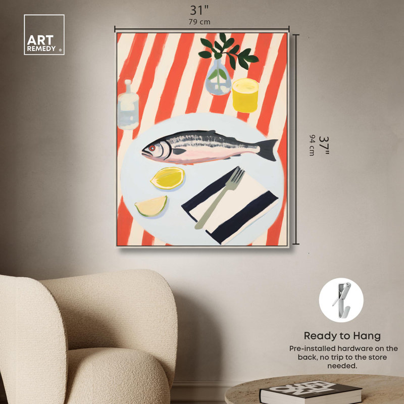 Fisherman Breakfast Canvas Summer Themed Retro Prints by Art Remedy, Silver Framed, 21" H x 17" W