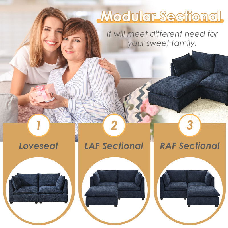 Shugar 70"W Comfy Cloud Couch Sectional Sofa, Navy Blue Chenille