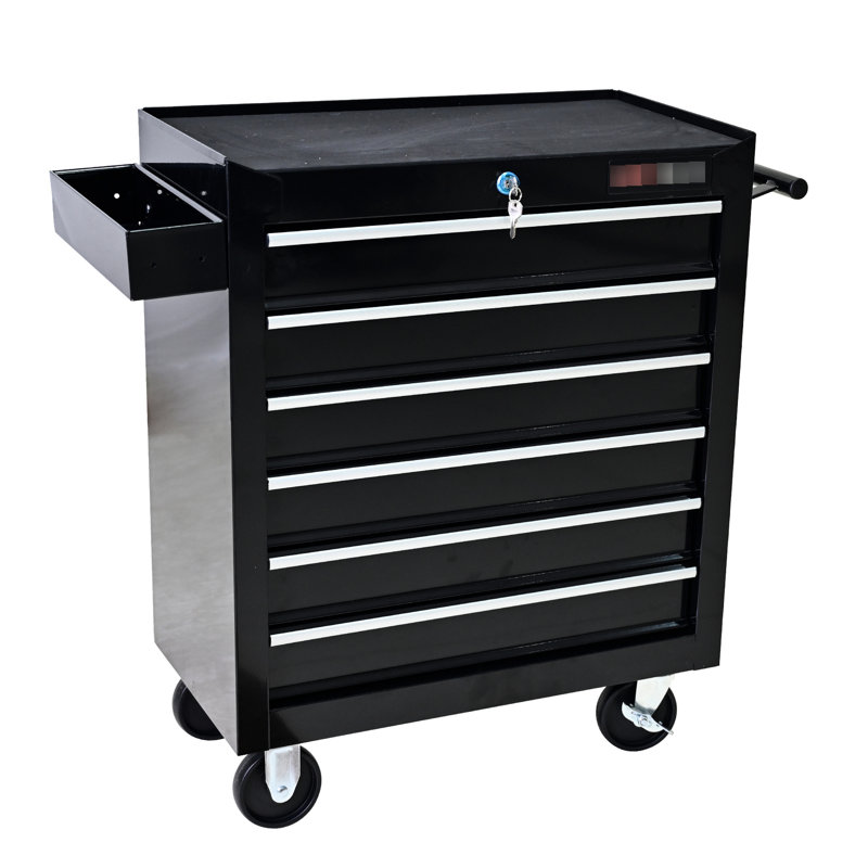 6 Drawer Workshop Tool Cart With Locking Function And Smooth Movement - Black Rolling Storage Drawers Secure System
