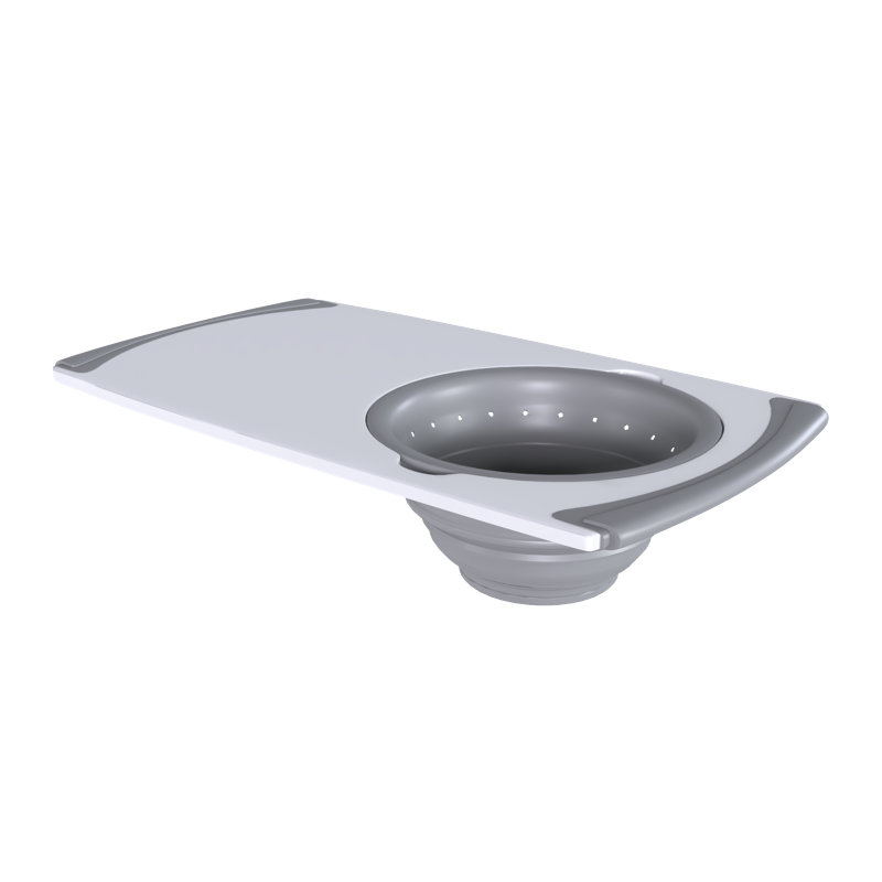 White and Grey Plastic Cutting Board with Built-In Strainer