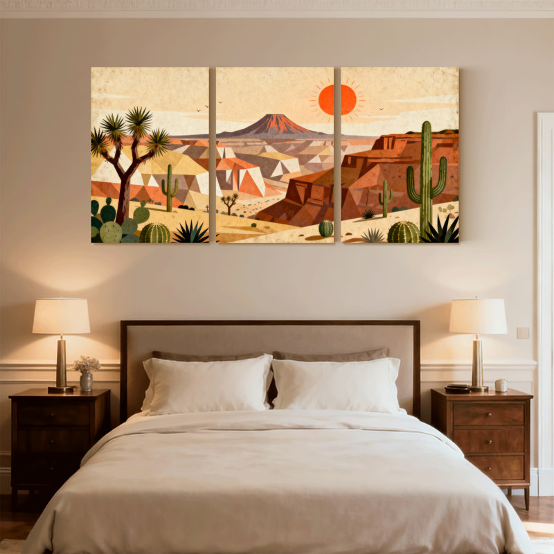 «Landscape & Nature Desert Landscape with Cacti and Mountain Sunset», ensemble de 3 impressions sur toile, H 30 po x l 60 po