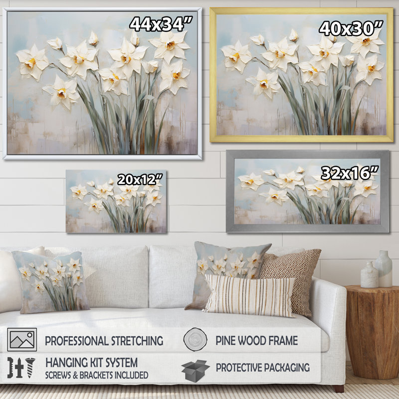 Minimalisme - jonquilles blanches, Toile tendue, H 12 po x l 20 po x P 1 po
