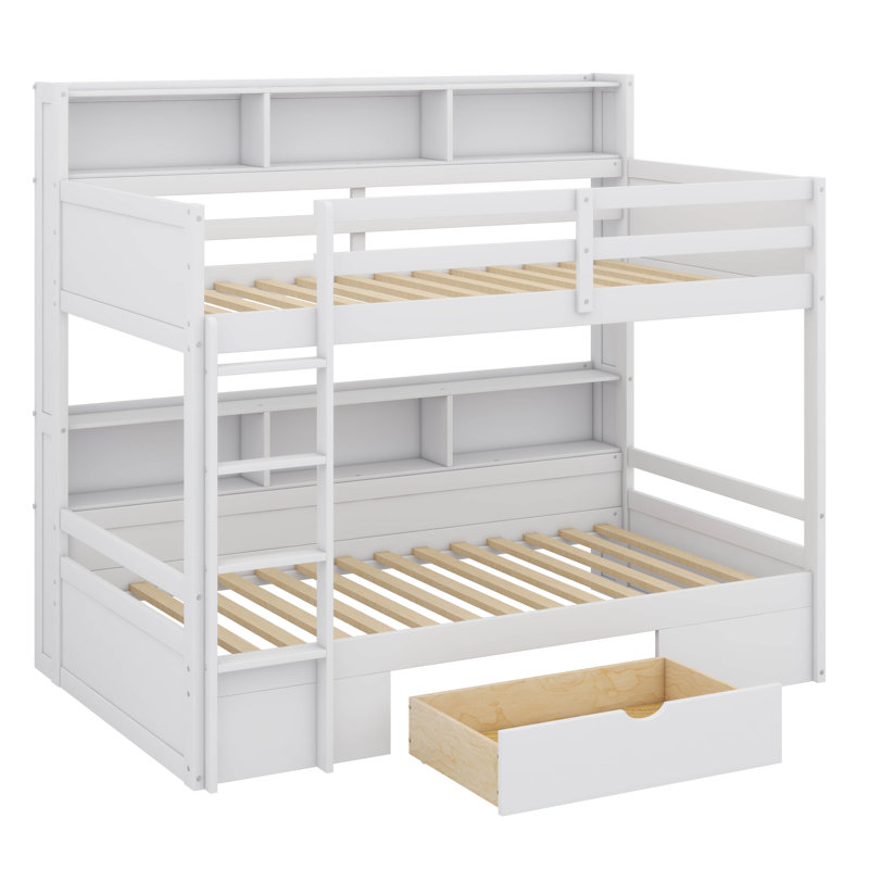 Bunk Bed With Built-In Shelves Beside Both Upper And Down Bed And Storage Drawer, White