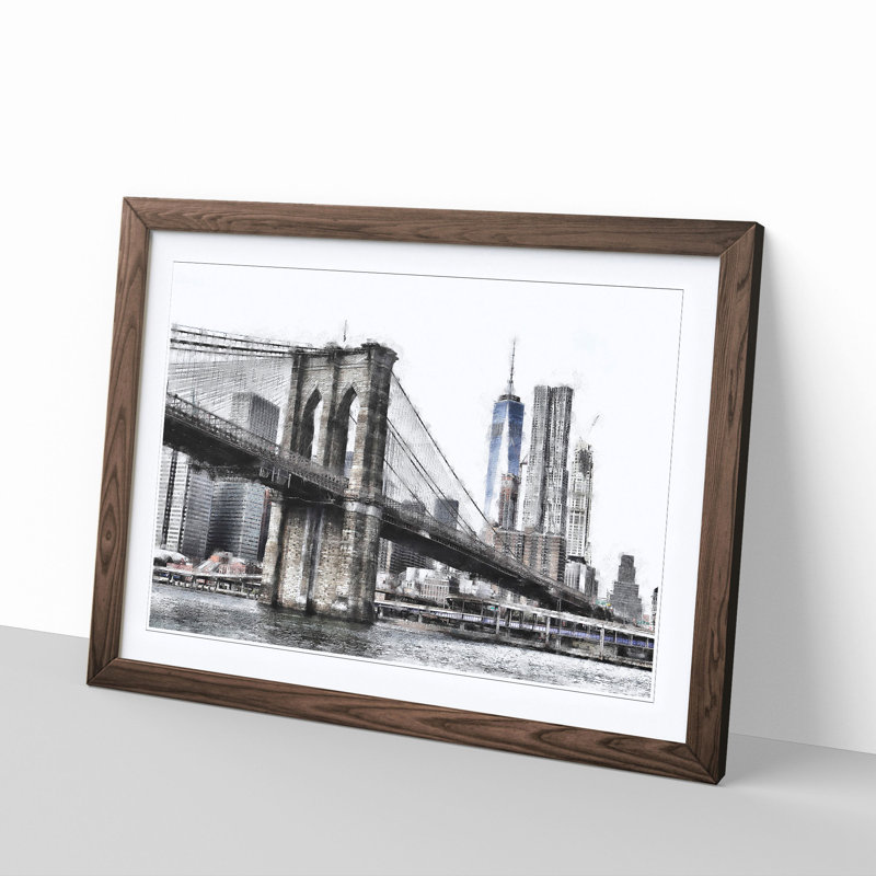 Brooklyn Bridge In New York Painting - Single Picture Frame Print on MDF, Walnut, 24cm H x 33cm W x 2cm D