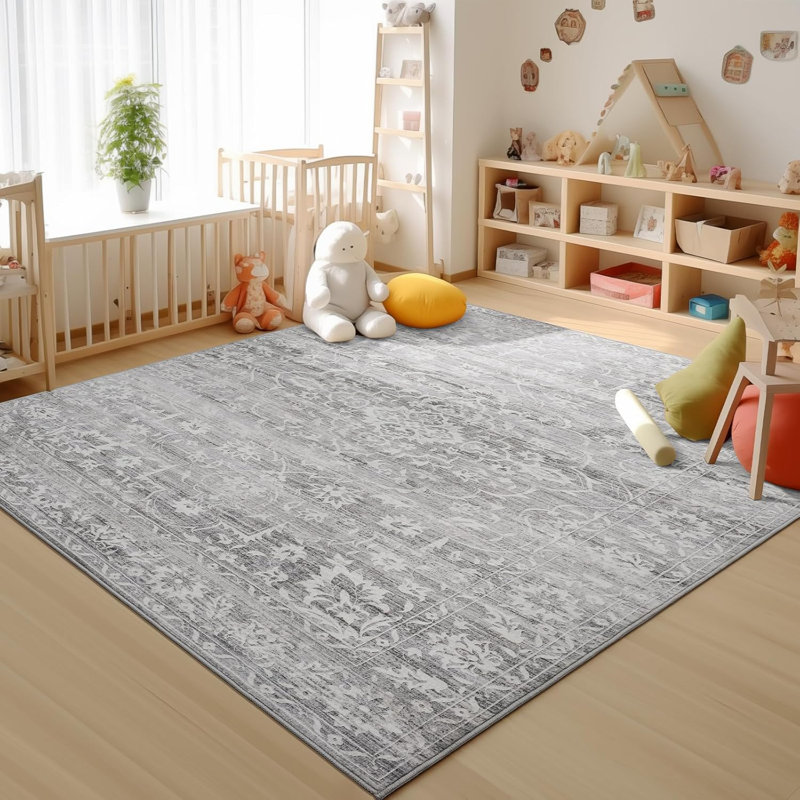 Machine Washable Medallion Floral Area Rug(Grey), Rectangle 10' x 14'