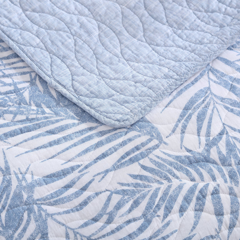 Tommy Bahama Palmday Cotton Reversible Quilt Set, King Quilt + 2 King Shams, Medium Blue