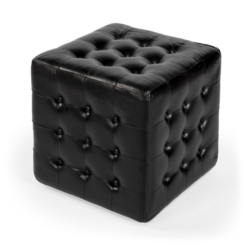 Repose-pieds carré capitonné en forme de cube et en cuir véritable de 18 po de largeur Elgin, Cuir véritable noir