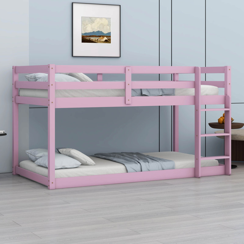 Twin Over Twin Solid Rubber Wood Floor Bunk Bed – Ladder & Strengthened Slat Bed Platform, Pink