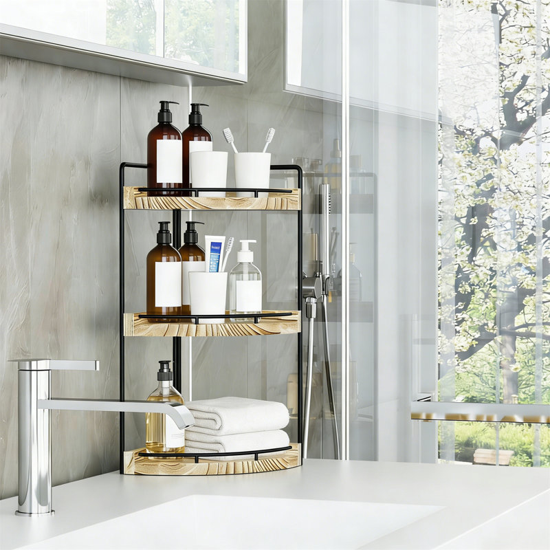 3-Tier Corner Bathroom Counter Organizer, Countertop Storage Shelf For Skincare, Rustic Brown