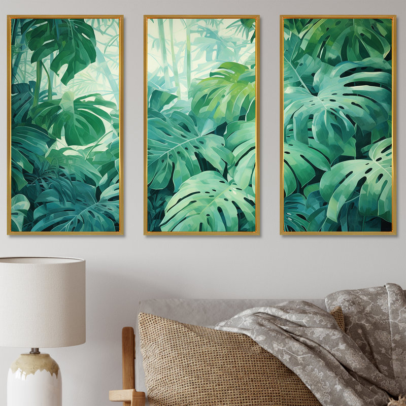«Jade Jungle Thick Jungle Of Palm Trees III», ensemble d'art sur toile, Cadre flottant doré, H 32 po x l 48 po x P 1 po