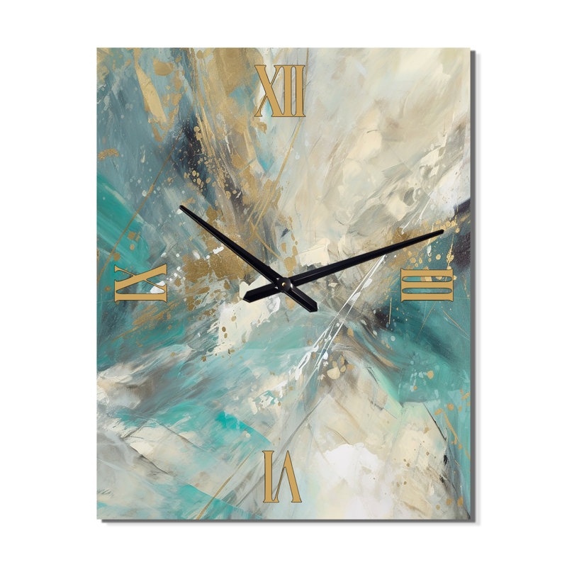 Horloge dorée en or turquoise VI - Horloge murale abstraite surdimensionnée, H 40 po x l 30 po x P 1 po