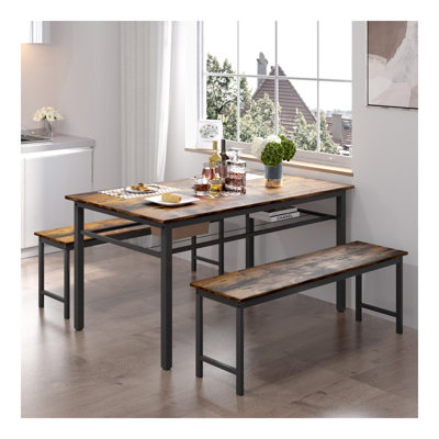 3 Pieces Farmhouse Kitchen Table Set with Two Benches, Metal Frame and MDF Board