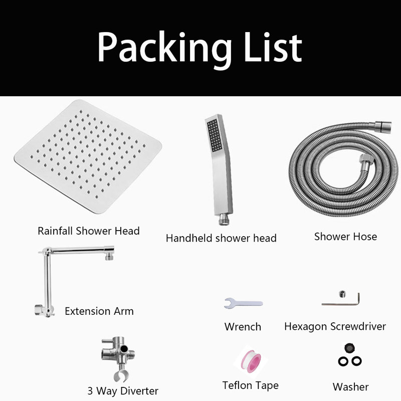 12 Inches Rainfall Shower Head With Handheld Spray Combo,  Adjustable Extension Arm, 71 Inches Stainless Steel Hose, Chrome