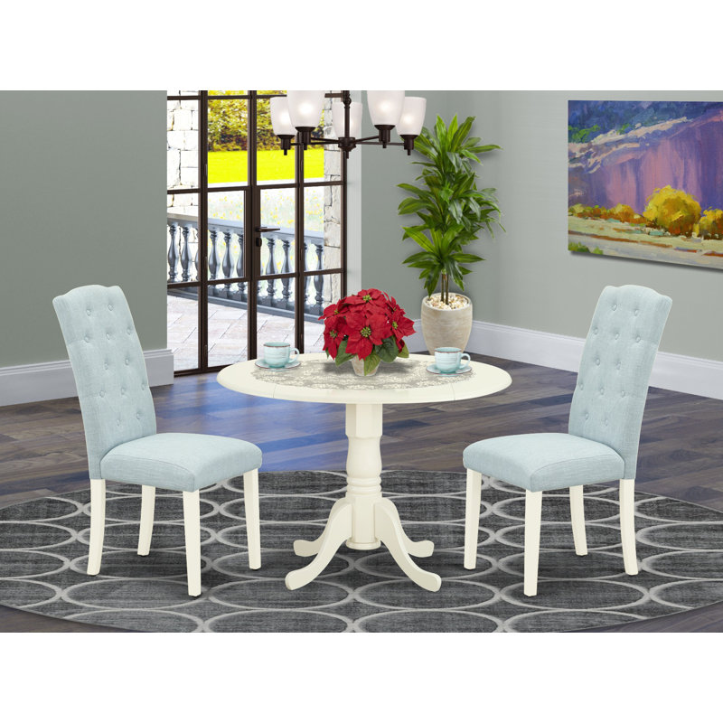 3 Piece Dining Table Set Contains a Round Dining Room Table with Dropleaf and 2 Baby Blue Linen Fabric Upholstered Chairs, Linen White