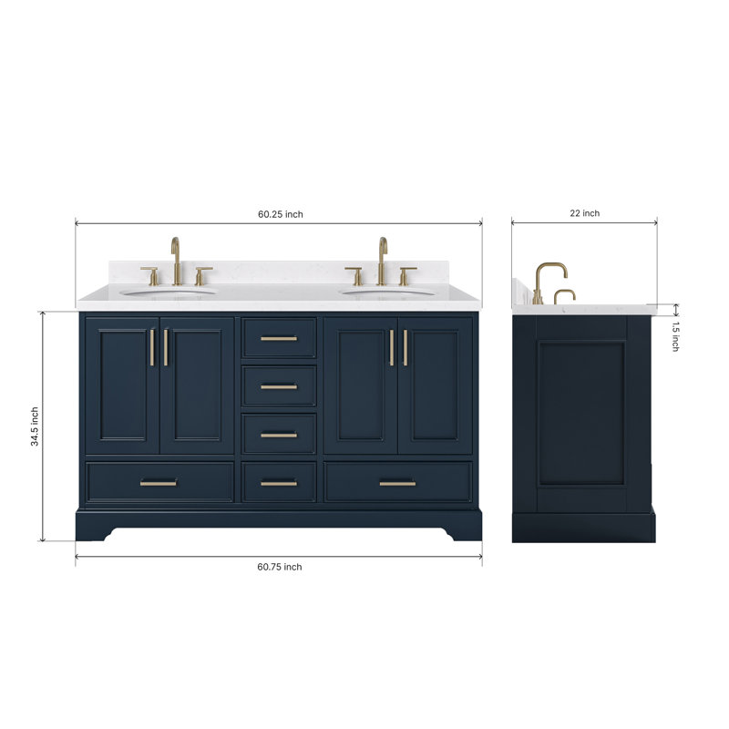 Ensemble de meuble-lavabo double 60,25 po avec plateau en quartz Abshire, Bleu minuit