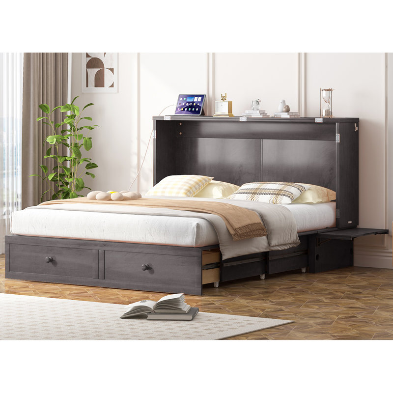 Queen Solid Wood Murphy Bed with USB & Large Storage Drawer(Mattress Not Included), Gray