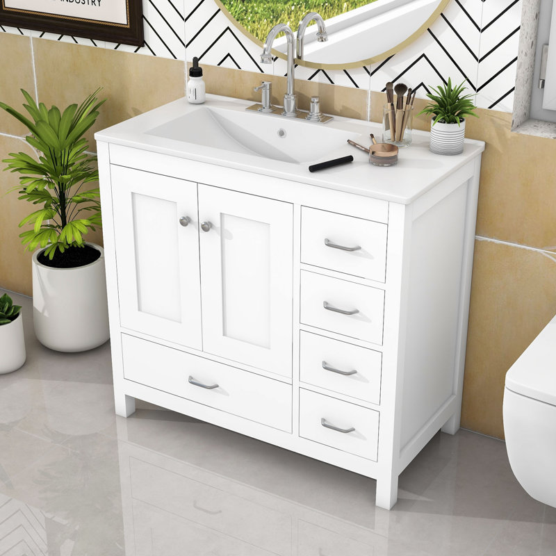 Ensemble de meuble-lavabo 36 po avec lavabo en céramique, 2 portes à fermeture douce et 5 tiroirs, Blanc