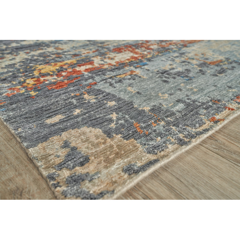 Laureno Abstract Hand-Knotted Synthetic Blue/Gray Area Rug, Rectangle 10' x 14'