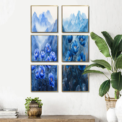 Pivoines bleues sur un sommet de montagne - ensemble de 6 reproductions d'art mural floral