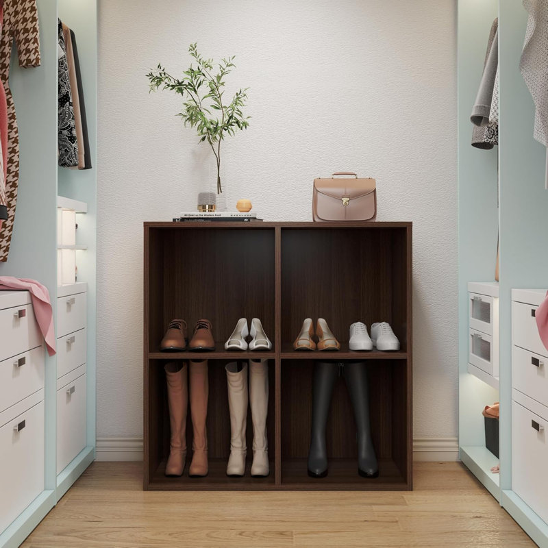 Latitude Run® Shoe Rack, 4 Compartment Open Storage Display Shoes Organizer FSSR015, Walnut