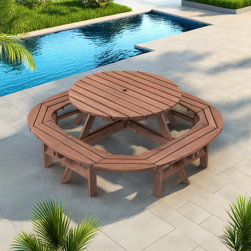 10-12-person Round Outdoor Wooden Picnic Table With 1 Built-in Ring Stool, An Umbrella Hole And Natural Wood Grain