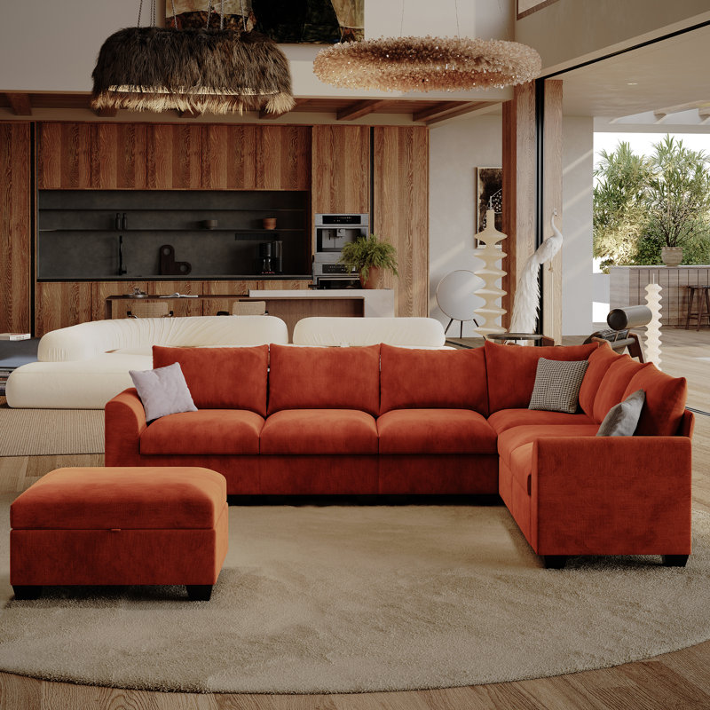 120 '' L-Shaped Modular Sectional Sofa, 6-Seater Cushioned Cloud Couch, With Ottoman Storage And USB, Orange