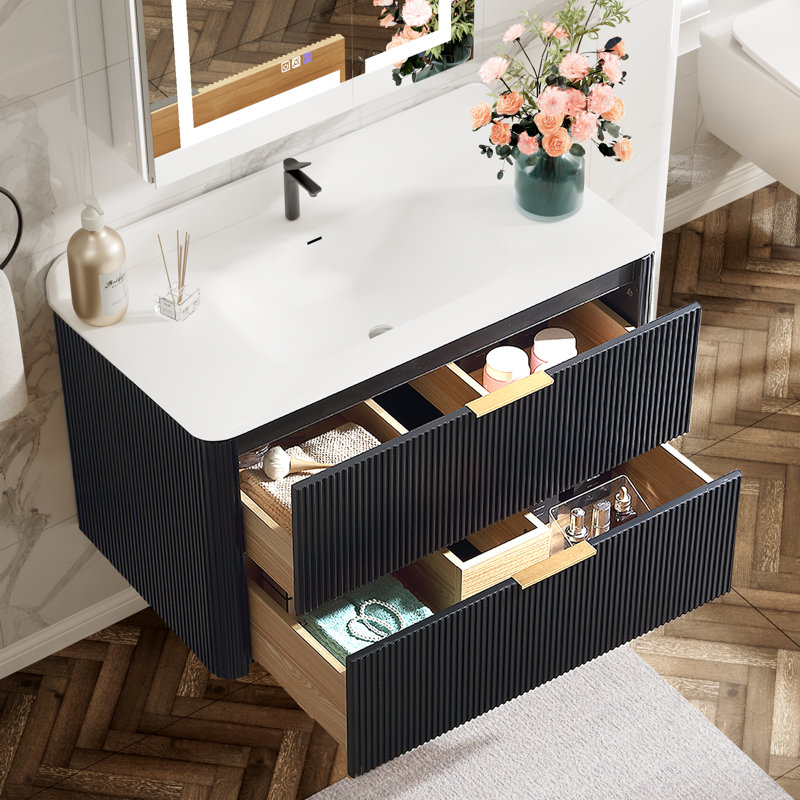 Meuble-lavabo mural noir 36 po avec armoire en bois massif et comptoir une pièce en acrylique 36 po, Noir, Doré, 36"