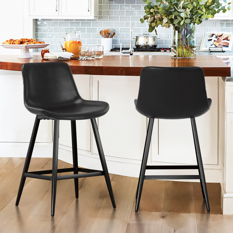 Macaire Low Back Faux Leather Counter Stool, Counter Stool (24" Seat Height), Black, Black