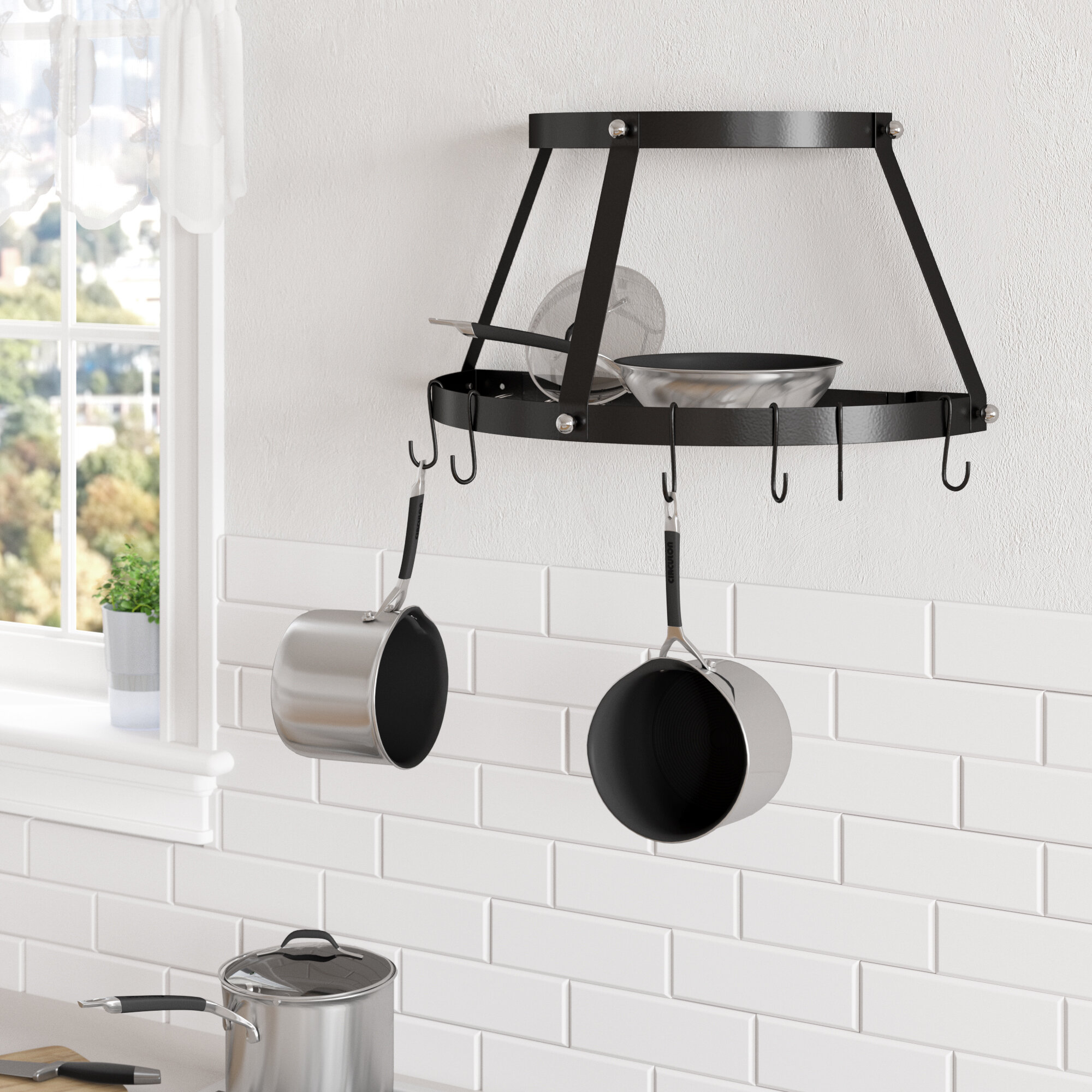 Pot and Pan Rack, Pot and Pan Hanging Organizer, Wall Mounted Shelf with 10  Hooks Hoom Decor for Kitchen, Black Halloween Home Decorations 