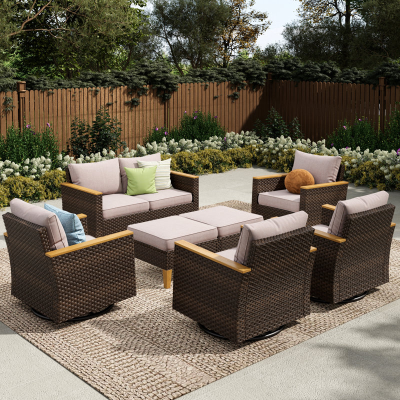 Argyri Outdoor Wicker Patio Conversation Furniture Set With Swivel Chairs And Firepit Table, No
