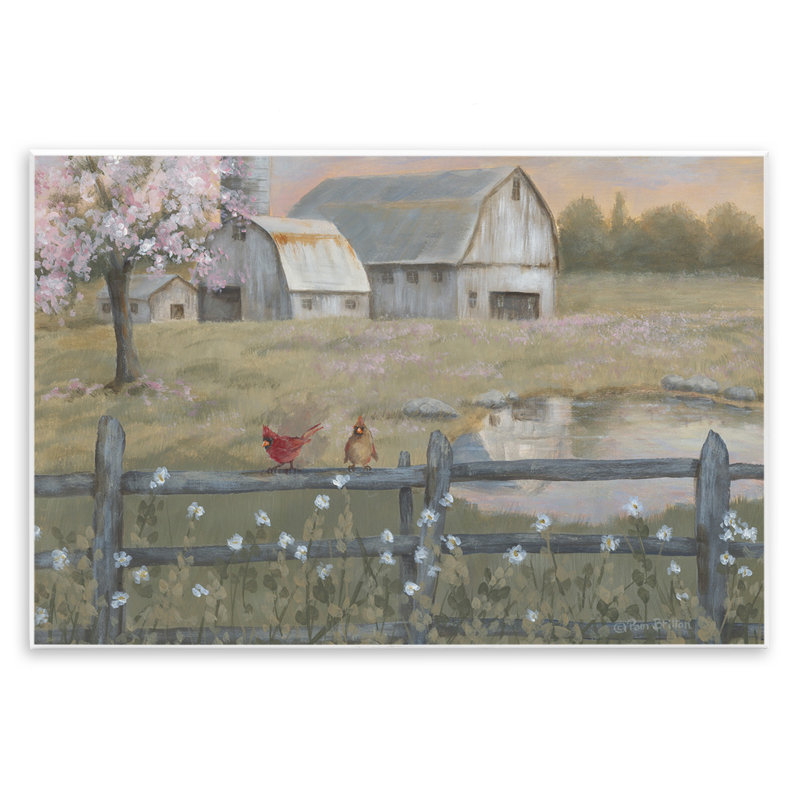 «Blossoming Trees Birds Perché Country Farm Fence», art mural par Pam Britton, H 13 po x l 19 po x P 0,5 po
