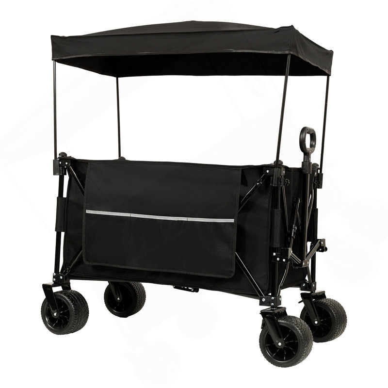 Chariot allongé pliable pliable avec auvent, capacité de poids de 480 lb, chariot de jardin pliant robuste avec de grandes roues tout-terrain et porte-boissons, poche latérale et freins, moustiquaire