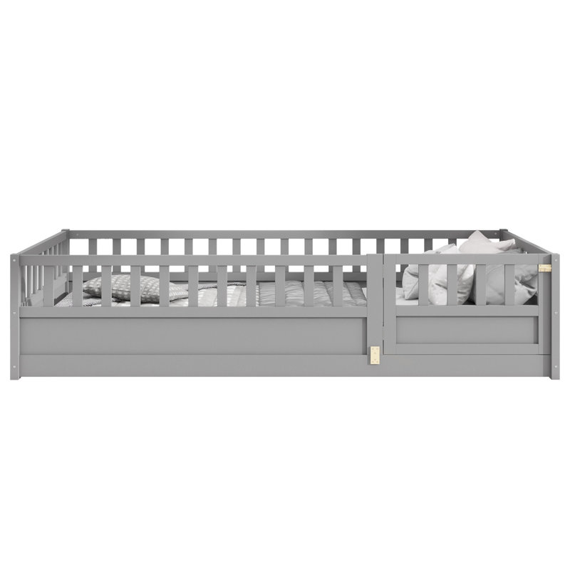 Montessori Wooden Floor Bed with High Security Barrier, Door, Kids Floor Bed Frame, Integral Construction, Gray, Twin