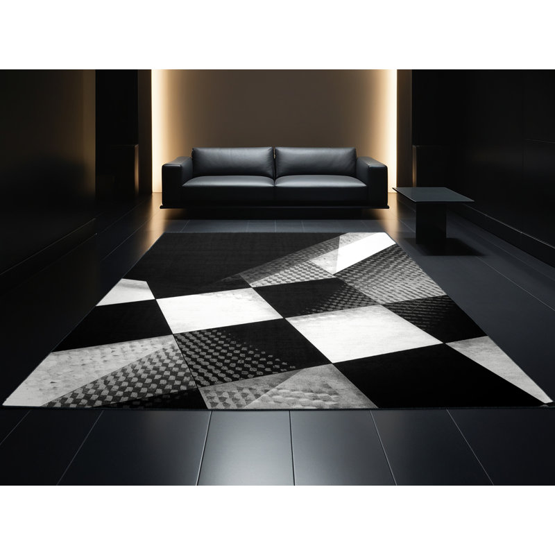 Tapis à carreaux gris et noir moderne et contemporain lavable à la machine, Rond 4 pi